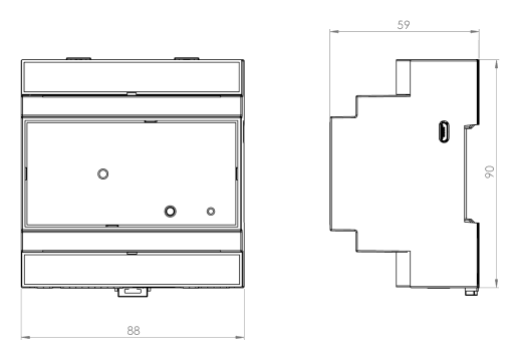 Plano acotado del módulo de seguridad HU1000V2 ESENTA HUB, con dimensiones